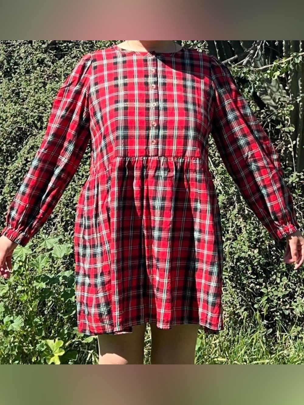 Red plaid babydoll dress.